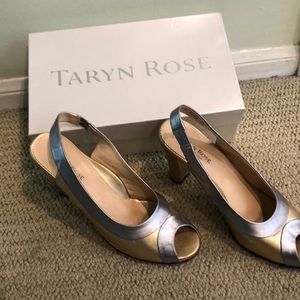 Gold and Silver 2 inch comfy heel dress shoe.